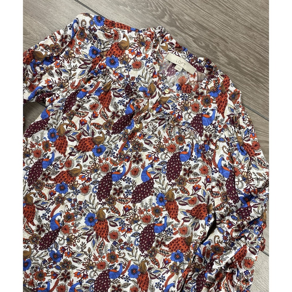 Loft Women's Long Sleeve Floral‎ Peacock Pattern Blouse Multicolor Size Small